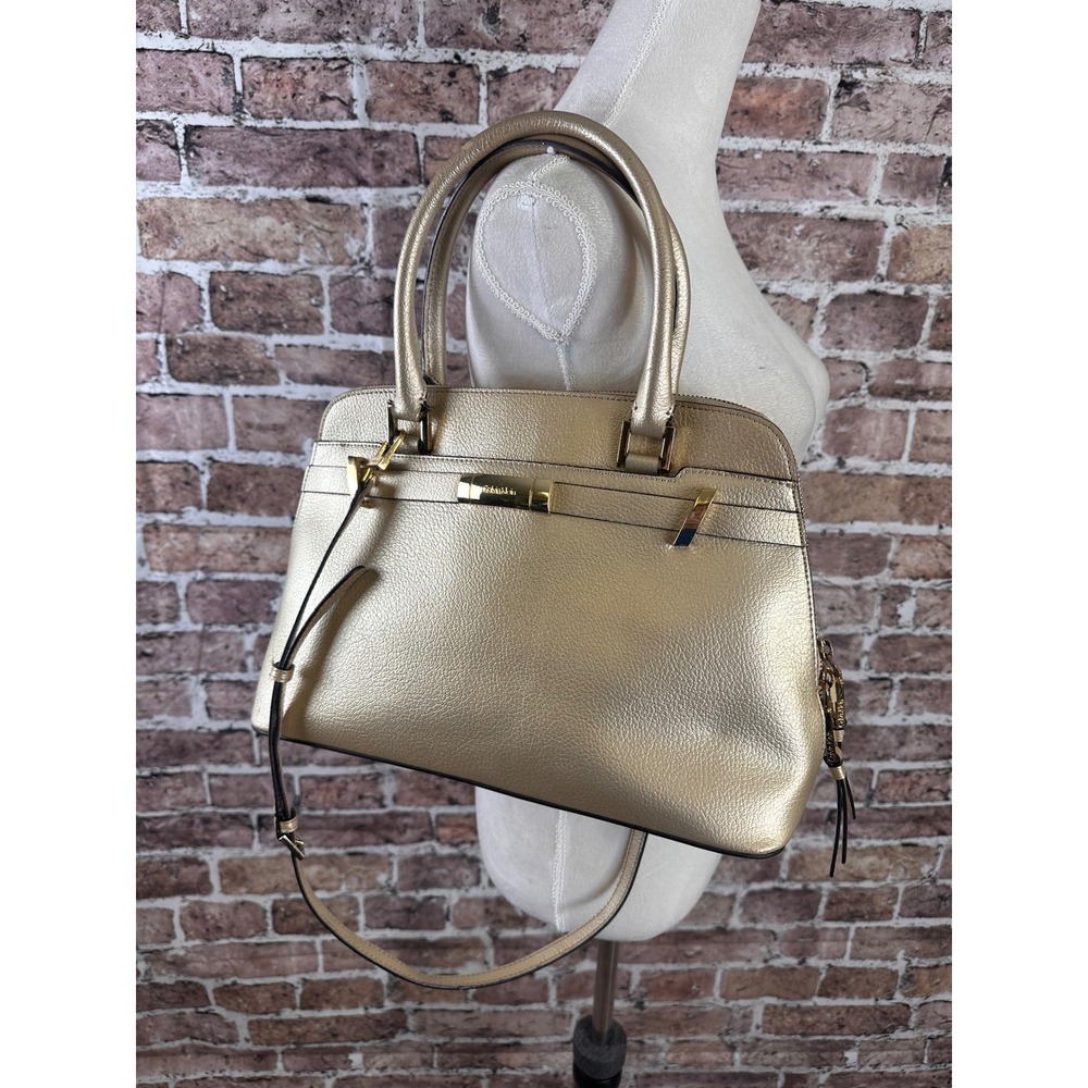 Calvin Klein Gold Metallic Pebbled Leather Satchel Crossbody Bag Convertible - Picture 4 of 16